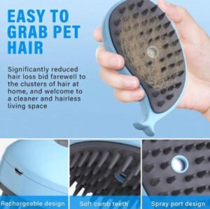 Cepillo de vapor celeste para mascotas limpiando el pelaje de un perro pequeño.