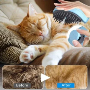 Cepillo de vapor celeste para mascotas limpiando el pelaje de un perro pequeño.