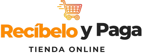 Logo de Recíbelo y Paga, tienda online con un carrito de compras naranja y amarillo.