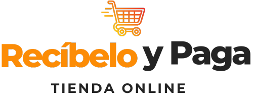 Logo de Recíbelo y Paga, tienda online con un carrito de compras naranja y amarillo.